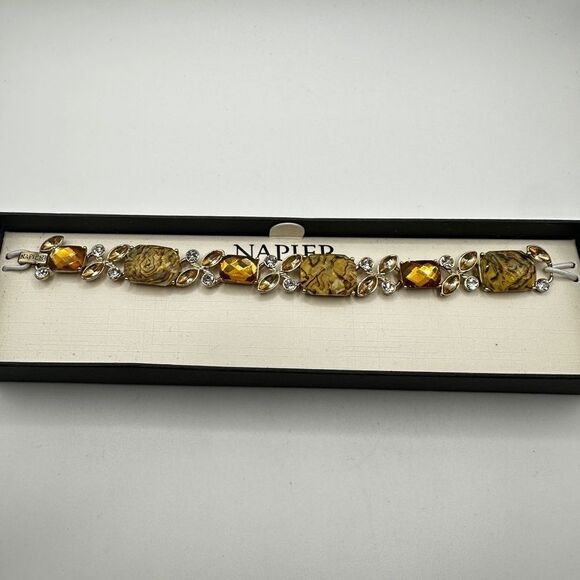 STILL IN THE BOX! 7" Napier Gold tone metal and Lucite, Rhinestones Bracelet! - Picture 9 of 12